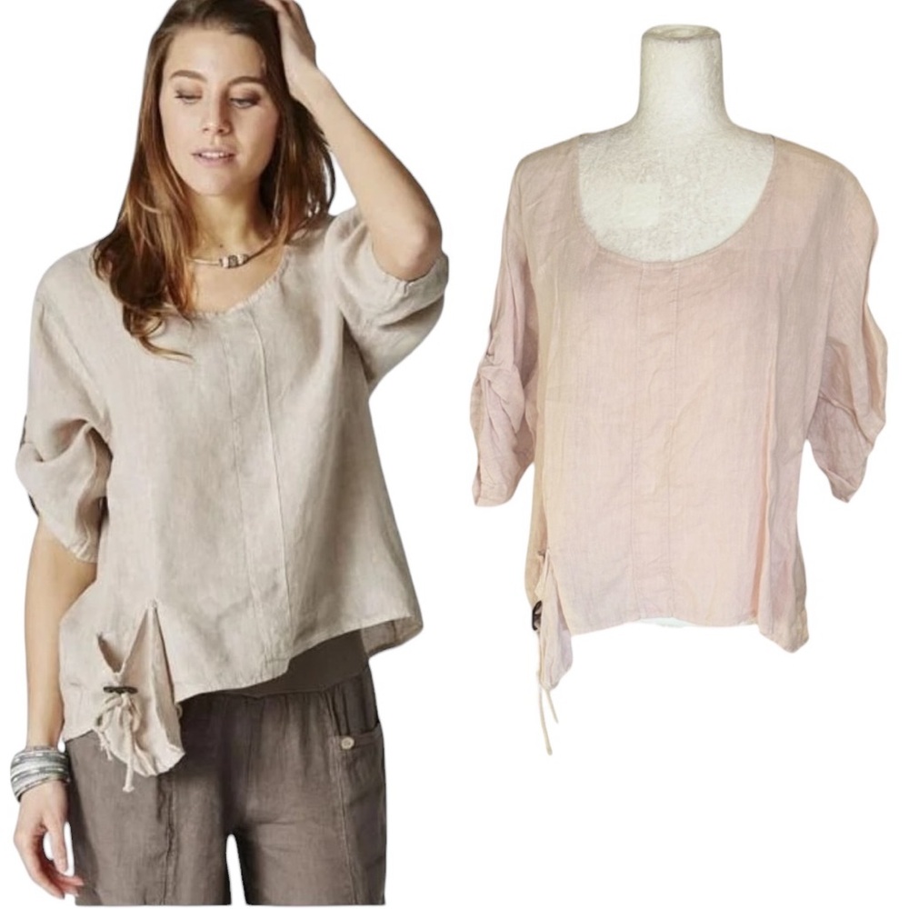 Made in Italy Blush Pink Linen Ruched Top w/ Pocket & Tie - L / XL